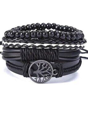 Leather Cuff Bracelet 4pc Tree of Life Black Wrist Rock Edgy Grunge Beads Trendy